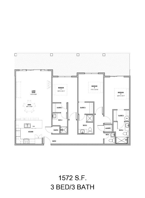 Floor plan for 3 beds, 3 baths, 1581 sqft